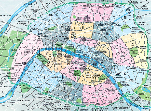 Paris map with the different districts